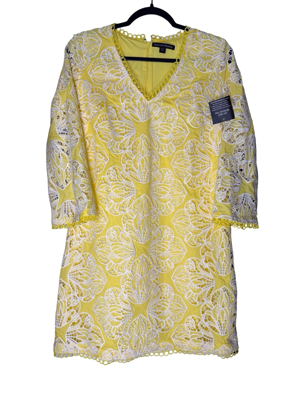 Boston Proper Dress Sz 8 Yellow White Lace V Neck Bell Sleeve Sheath Coastal NEW